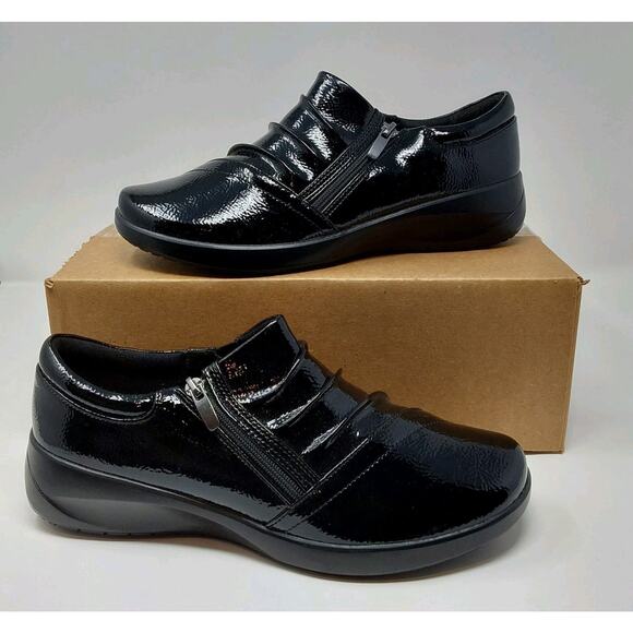 Clarks Shoes - Clarks Collection Women’s Black Patent Leather Comfort Shoes Zip Size 9 Wide NEW